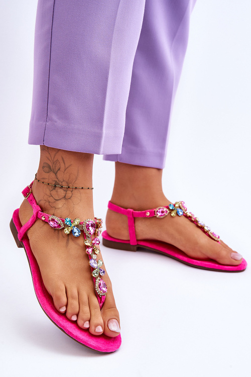Zamszowe Sandały Japonki Z Kamieniami Różowe Frency