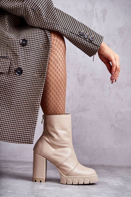 Skórzane Botki Na Obcasie Beżowe Elia