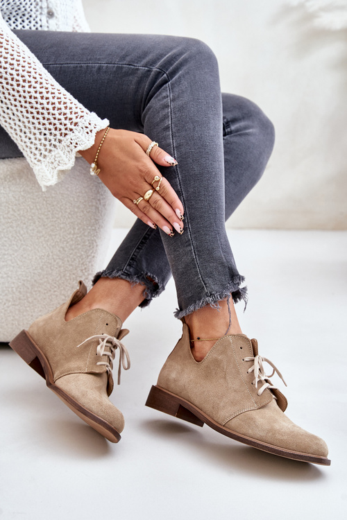 Zazoo 2959 Zamszowe Półbuty Oksfordki Sznurowane Na Płaskim Obcasie Beżowe