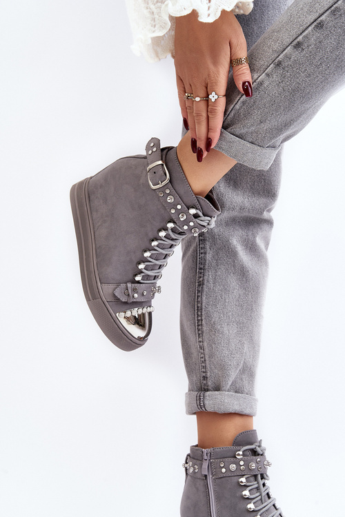 Ocieplane Botki Na Koturnie Z Dżetami Zamszowe Lu Boo Szare