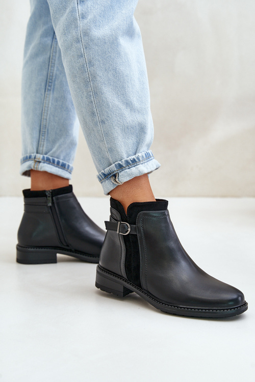 Ocieplane Botki Damskie Z Niską Cholewką Na Zamek Eko Skórzane Czarne Taitha