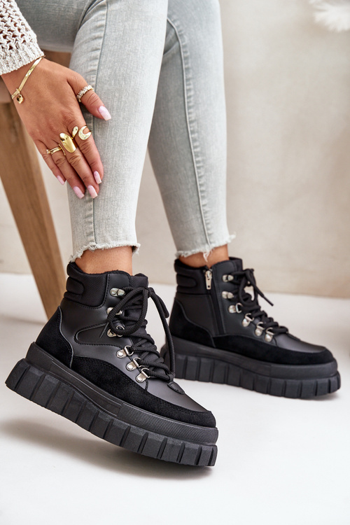 Damskie Ocieplane Botki Trapery Na Platformie Czarne Jelenia