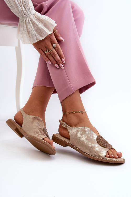 Sandały Damskie Z Ozdobą Na Płaskim Obcasie S.Barski KV24-057 Złote