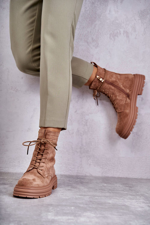 Damskie Zamszowe Botki Wiązane Camel Afra