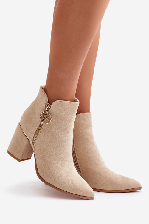 Botki Damskie Na Słupku Z Noskami W Szpic Eko Zamszowe Ocieplane Beżowe Raisha