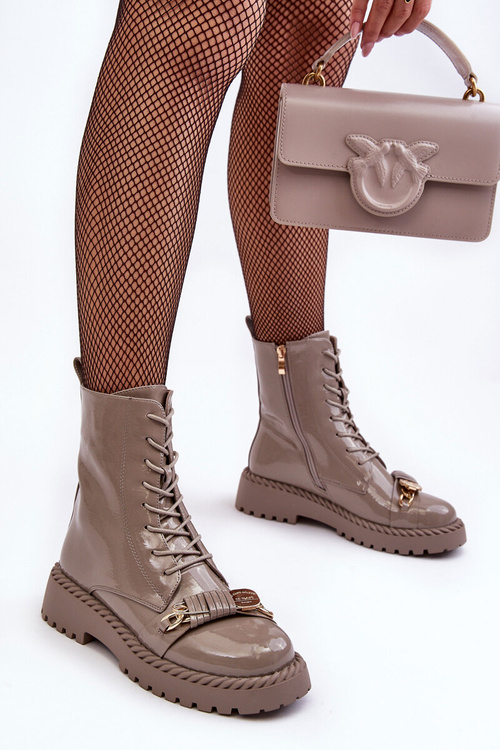 Damskie Lakierowane Botki Workery Z Ozdobą Beżowe S.Barski MR870-67