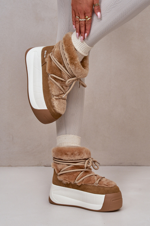 Skórzane Śniegowce Damskie Na Grubej Podeszwie Z Futerkiem Big Star OO274A207 Brązowe