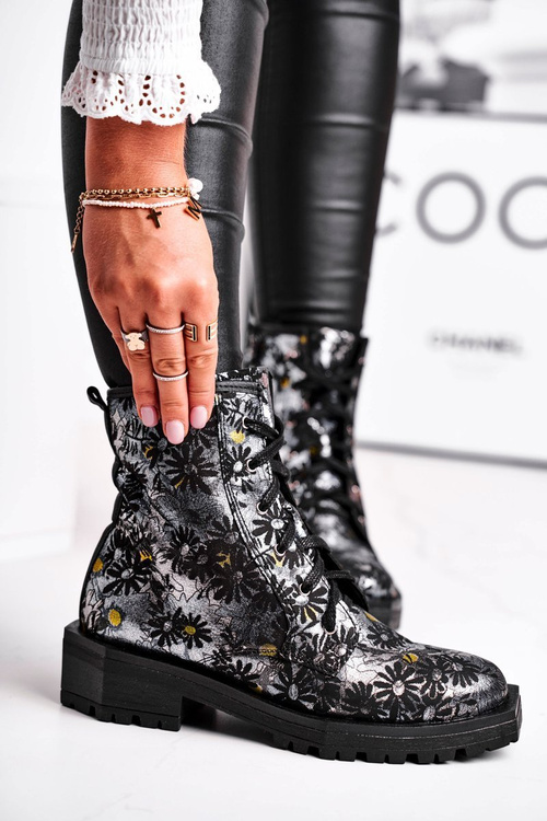 Botki Damskie Skórzane Trzewiki Maciejka Kwiaty 04869-38