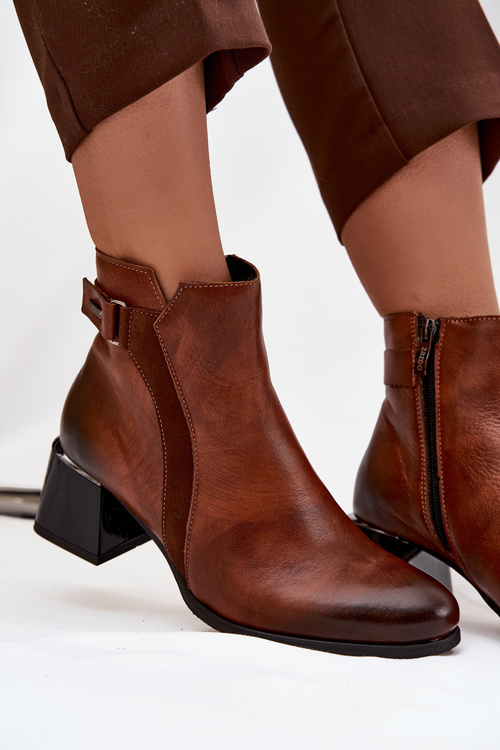 Skórzane Botki Damskie Na Obcasie Ocieplane Zazoo 60563 Brązowe
