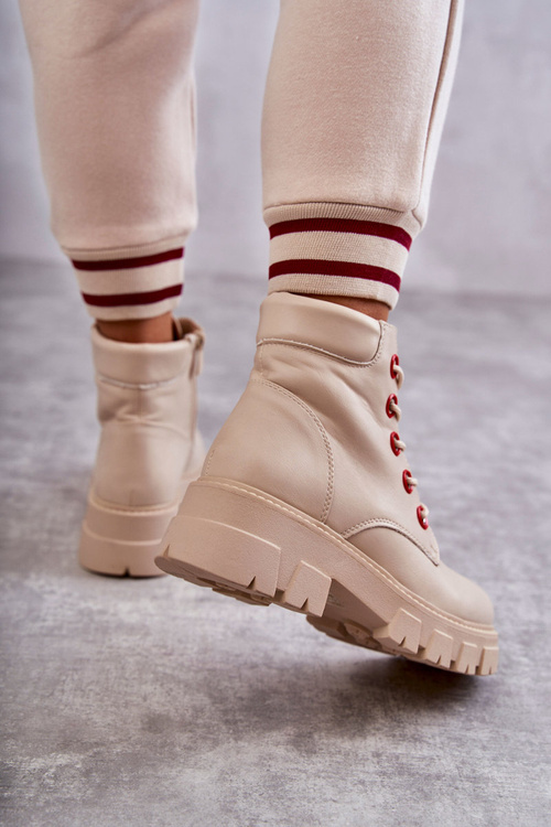 Skórzane Botki Workery Na Suwak Beżowe Messa