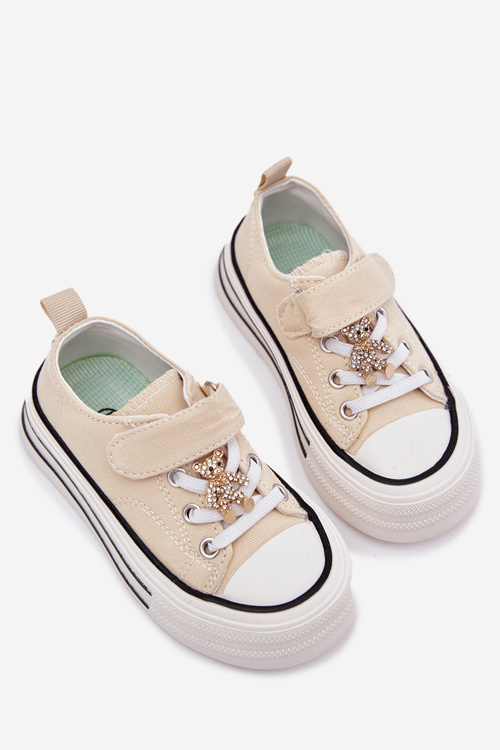 Dziewczęce Trampki Ze Złotą Przypinką Miś Beżowe Solena