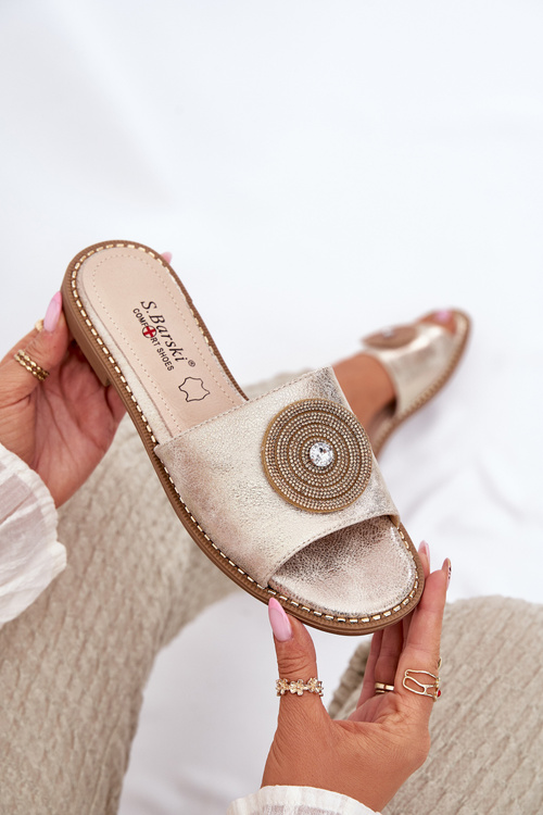 Klapki Damskie Na Płaskim Obcasie Z Ozdobą S.Barski KV51-013 Złote