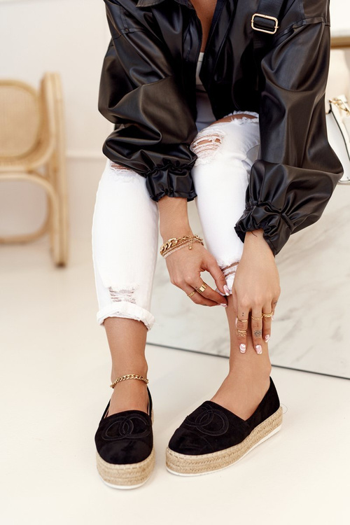 Damskie Espadryle Na Słomkowej Platformie Czarne Febi