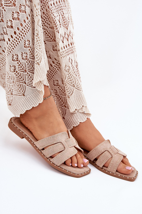 Zdobione Klapki Na Płaskim Obcasie Khaki Anniles