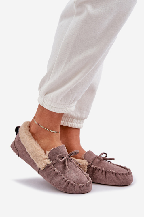 Mokasyny Kapcie Damskie Z Futerkiem Ciemnobeżowe Kleogoria