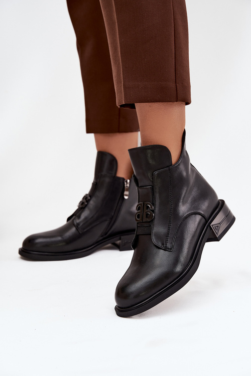 Ocieplane Skórzane Botki Damskie Z Ozdobnym Detalem Czarne Briselda