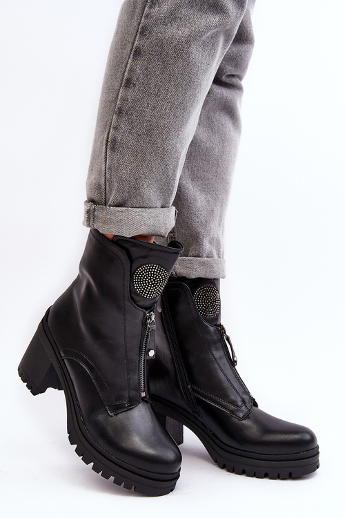 Damskie Skórzane Botki Z Dżetami Czarne Rosie