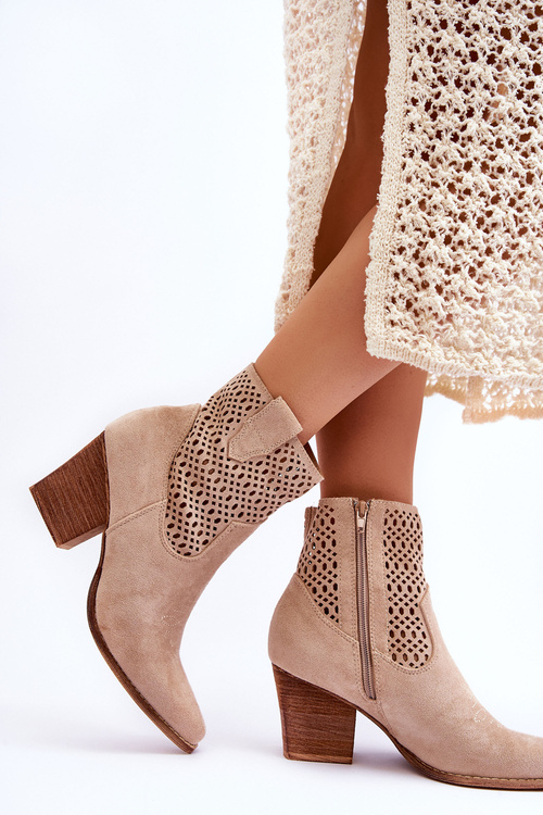 Damskie Zamszowe Kowbojki Botki Na Słupku Beżowe Norvella