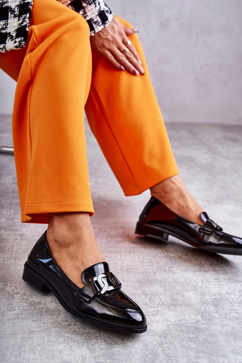 Modne Lakierowane Półbuty Loafery Czarne Trine