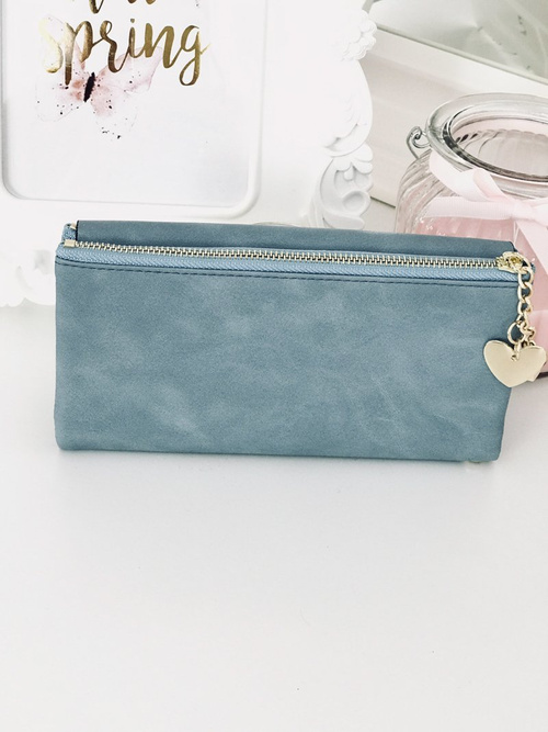 Duży Damski Niebieski Portfel z Brelokiem Serduszko