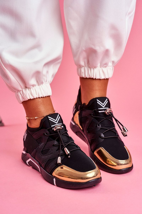 Sportowe Damskie Buty Z Suwakiem i Ściągaczem Czarno Złote Terfin