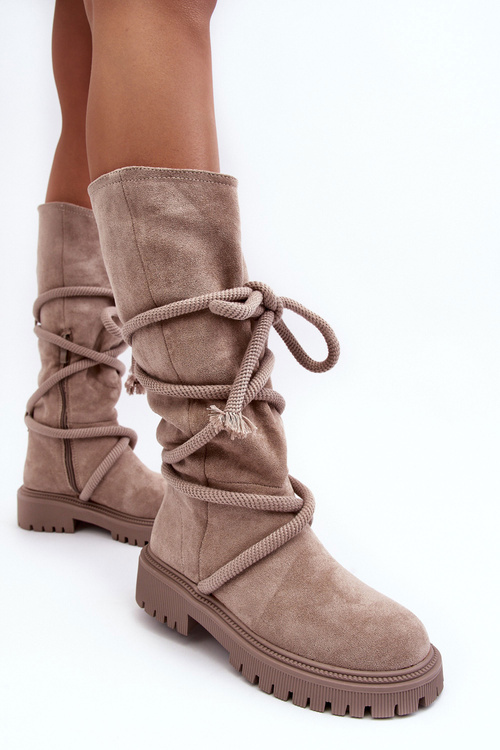 Zamszowe Kozaki Damskie Z Wiązaniem Beżowe Tanive