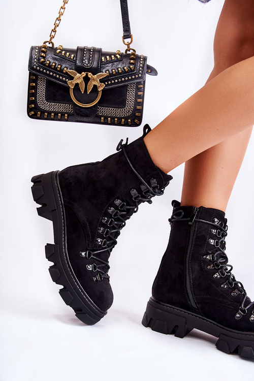 Ocieplane Zamszowe Botki Workery Wiązane Czarne Pierro