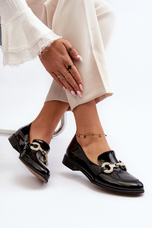 Zazoo 2880 Damskie Mokasyny Lakierowane Z Ozdobą Czarne