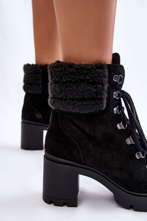 Damskie Zamszowe Botki Na Słupku Czarne Lemar Avely