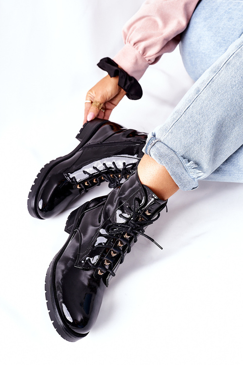 Botki Damskie Workery Lakierowane Czarne Maniana