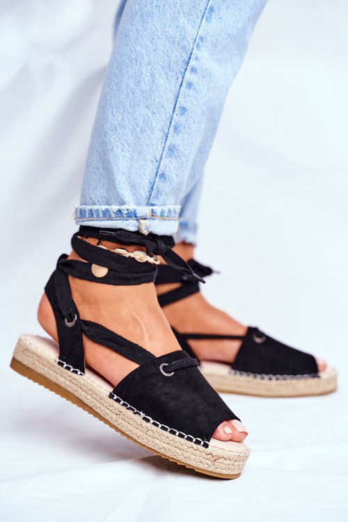 Espadryle Damskie Na Platformie Lniane Czarne Monacoz