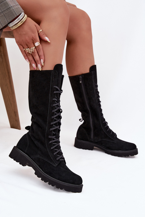 Zamszowe Botki Ze Sznurowaniem Do Połowy Łydki Zazoo 3103 Czarne