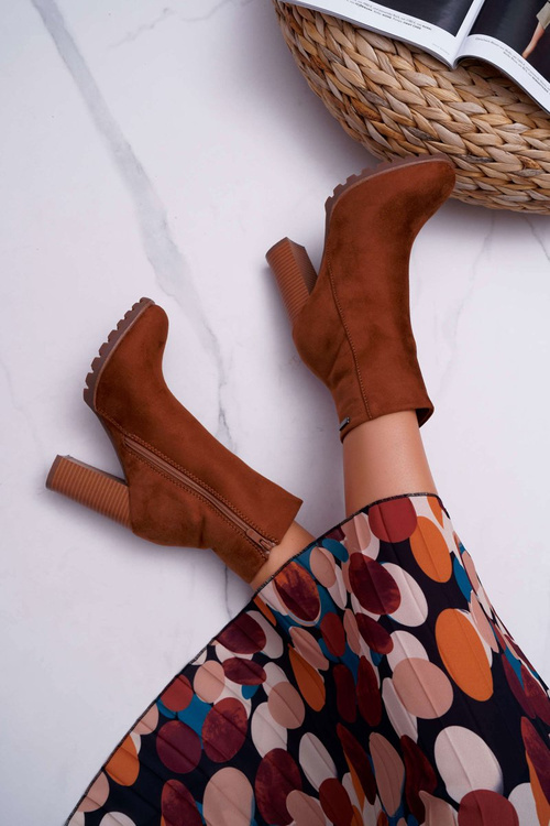 Botki Damskie na Słupku Zamszowe Camel Cadillac