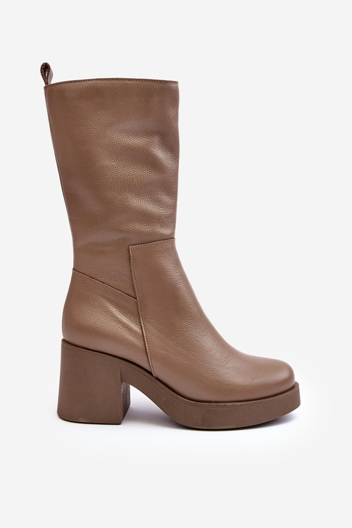 Damskie Skórzane Kozaki Na Masywnym Słupku Ciemnobeżowe Lemar Odennia