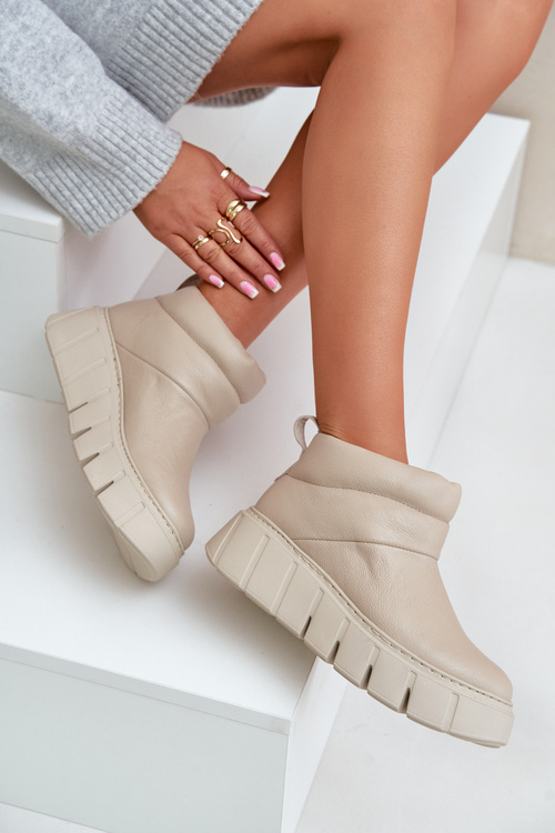 Zazoo 60470 Skórzane Botki Ocieplane Wełną Na Platformie Jasnobeżowe