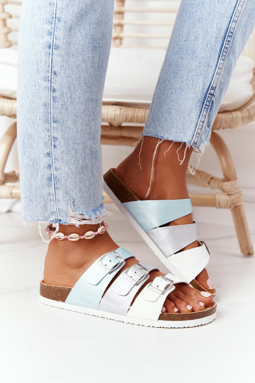 Skórzane Profilowane Klapki Big Star HH274587 Turkusowo-Srebrne