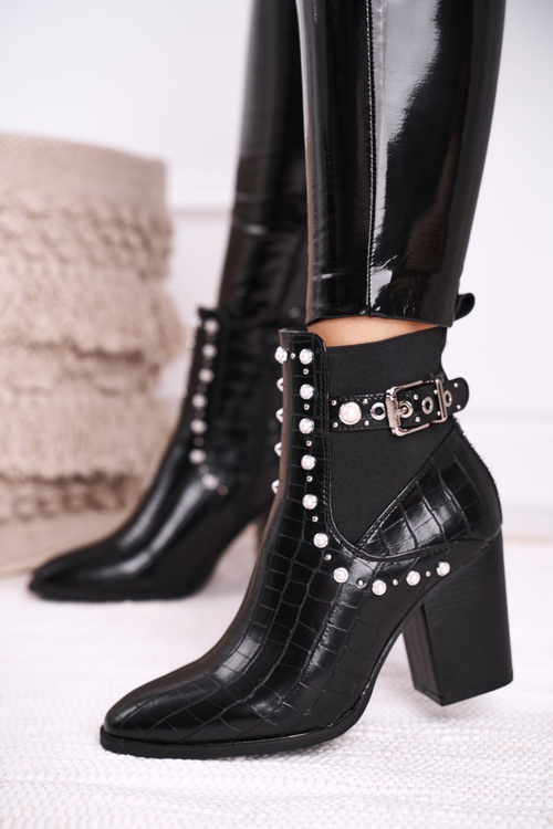 Damskie Botki Na Słupku Perły Czarne Verbos