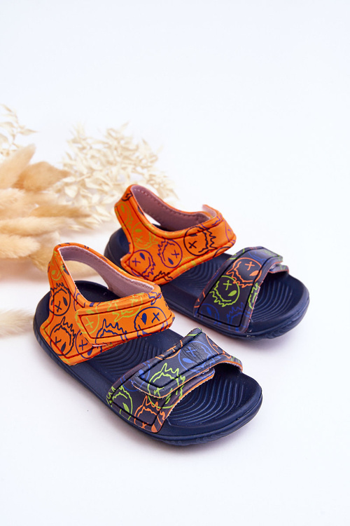 Piankowe Dziecięce Lekkie Sandałki We Wzory Granatowo-Pomarańczowe Malaga