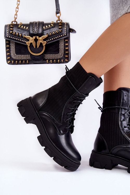 Damskie Botki Workery Sznurowane Czarne Marlissa