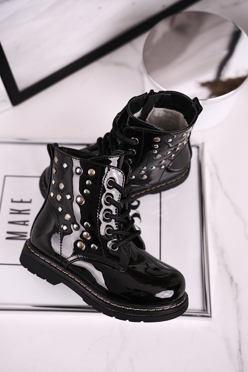 Dziecięce Ocieplane Botki z Dżetami Lakierowane Czarne Fame