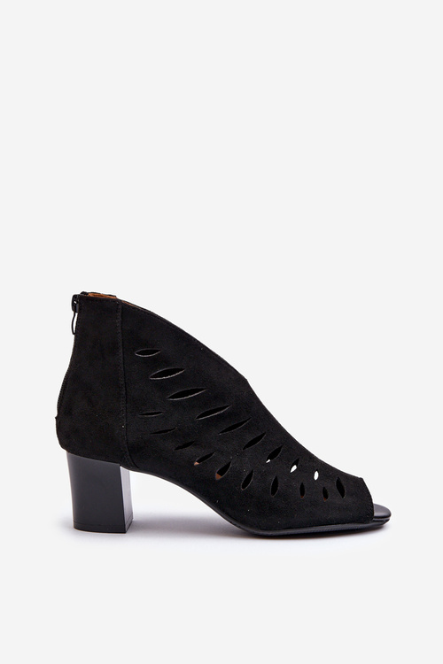 Ażurowe Botki Damskie Eko Zamszowe Na Słupku Z Odkrytymi Palcami Czarne Timalre