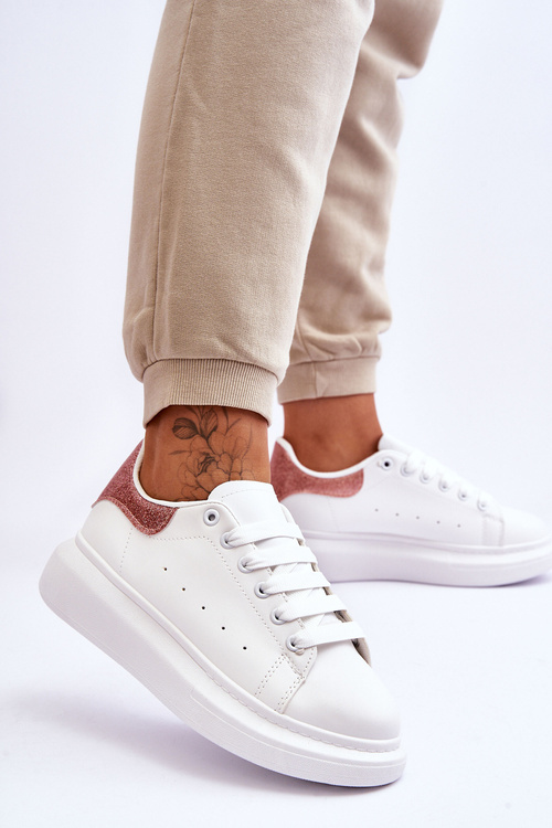 Damskie Buty Sportowe Na Platformie Brokatowe Biało-Różowe Eliso