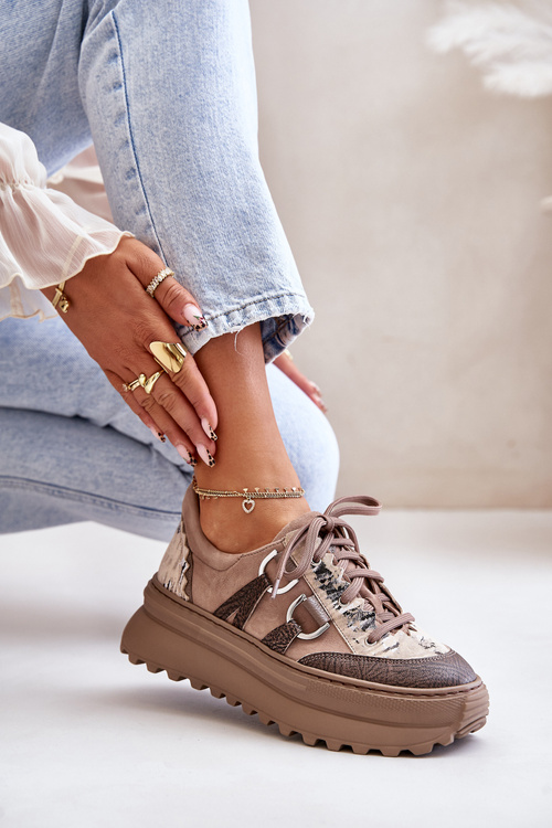 Skórzane Sneakersy Damskie Na Platformie Maciejka 06562-10 Ciemnobeżowe