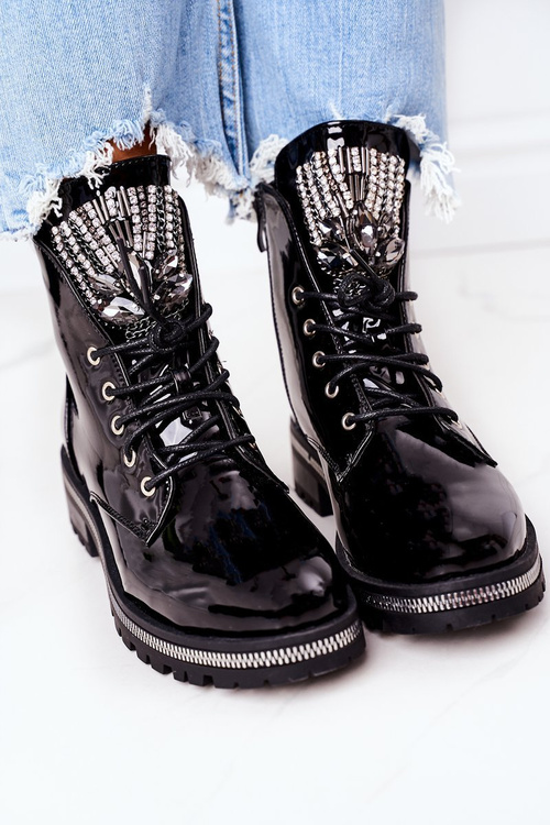 Lakierowane Ocieplane Workery Z Cyrkoniami Czarne Attention