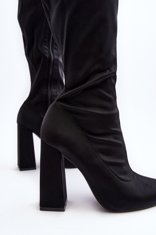 Damskie Kozaki Przed Kolano Na Słupku Czarne Fatuma