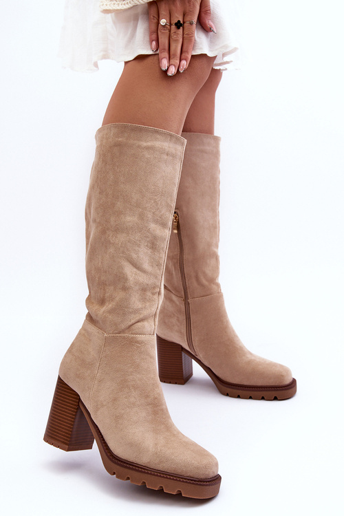 Kozaki Zamszowe Na Masywnym Obcasie Beżowe Virdana