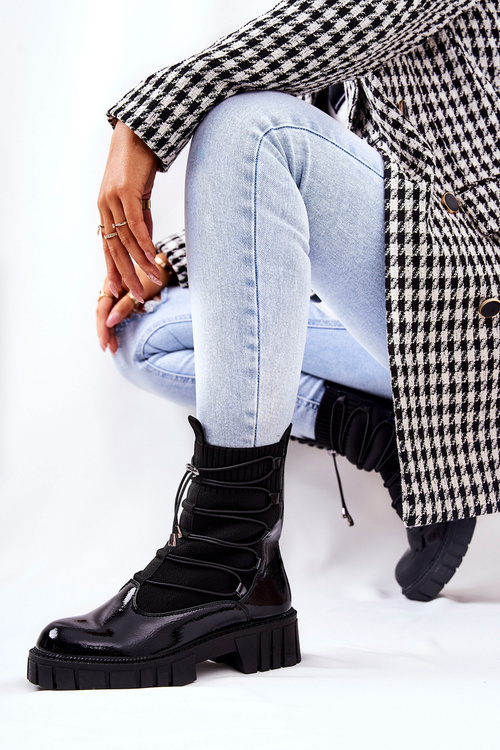 Lakierowane Botki Workery Ze Skarpetą Czarne Connor