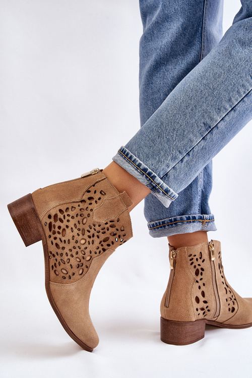 Damskie Ażurowe Botki Lewski Shoes 2909 Ciemnobeżowe