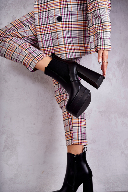 Damskie Skórzane Botki Na Masywnym Obcasie Czarne Jones