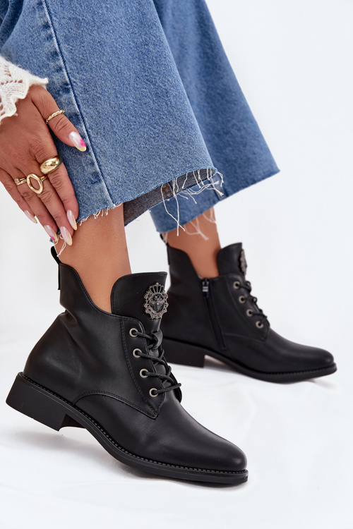 Niskie Botki Damskie Na Płaskim Obcasie Z Ozdobnym Detalem Ocieplane Czarne Cylira